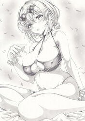  azur_lane bikini breasts covered_nipples eyewear_on_head female graphite_(medium) greyscale heart heart-shaped_eyewear large_breasts looking_at_viewer marker_(medium) mikuro monochrome official_alternate_costume scrunchie sirius_(azur_lane) sirius_(scorching-hot_seirios)_(azur_lane) sitting swimsuit thigh_strap thighs traditional_media wrist_scrunchie 