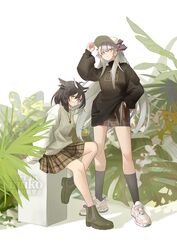  2girls alternate_costume arknights black_legwear boots brown_hair brown_skirt brown_sweater commentary_request cross cross_necklace dragon_horns glasses green_footwear grey_hair grey_sweater hair_between_eyes hand_in_pocket hand_on_headwear highres horns inuko_(redconstellation) jewelry long_hair looking_at_viewer multiple_girls necklace no_tail plaid plaid_skirt plant pleated_skirt saria_(arknights) semi-rimless_eyewear shoes silence_(arknights) sitting skirt socks standing sweater under-rim_eyewear very_long_hair white_footwear yellow_eyes 