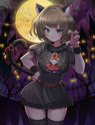  absurdres animal_ears bare_tree black_dress black_thighhighs blue_eyes bow breasts brown_hair cat_ears cat_tail claw_pose commentary_request cowboy_shot dress female full_moon fur_trim gem green_eyes halloween hand_on_own_hip heterochromia highres idolmaster idolmaster_cinderella_girls kemonomimi_mode korean_commentary looking_at_viewer mole mole_under_eye moon multicolored_nails nail_polish orange_nails pink_nails print_dress puffy_short_sleeves puffy_sleeves short_hair short_sleeves skindentation smile solo sylph_kim tail tail_bow tail_ornament takagaki_kaede thighhighs thighs tree zettai_ryouiki 