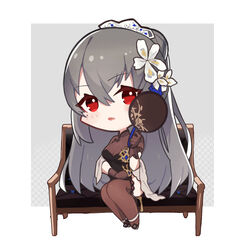  akutaa azur_lane black_legwear breasts chibi chinese_clothes cleavage couch female gloves grey_hair hair_between_eyes hair_ornament hand_fan highres holding holding_fan mole mole_under_eye official_alternate_costume red_eyes saint-louis_(alluring_administrator)_(azur_lane) saint-louis_(azur_lane) see-through see-through_cleavage sitting solo tuanshan 