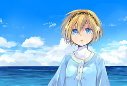  aegis_(persona) android blonde_hair blue_eyes blue_sky breasts closed_mouth cloud dated dress female highres looking_at_viewer ocean oosuzu_aoi persona persona_3 short_hair signature sky solo 