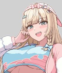  aqua_eyes baseball_cap blonde_hair blue_bow blush_stickers bow braid breasts crop_top female grey_background hairbow hand_up hat hololive kazama_iroha kazama_iroha_(streetwear) long_hair looking_at_viewer medium_breasts open_clothes open_mouth pixel_art simple_background single_braid solo teeth underboob upper_teeth_only virtual_youtuber zou_eita 