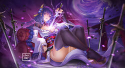  \||/ ankle_flower armor artist_name black_thighhighs blue_flower blue_hair blurry braid breasts bridal_gauntlets cleavage commission cushion depth_of_field electricity english_commentary female fingernails floating_rock flower full_body genshin_impact glowing glowing_petals hair_flower hair_flowing_over hair_ornament high_heels human_scabbard japanese_clothes kimono large_breasts lena_dai long_fingernails long_hair looking_at_viewer low-braided_long_hair low-tied_long_hair messy_hair mitsudomoe_(shape) mole mole_under_eye musou_isshin_(genshin_impact) nail_polish no_panties obi obiage obijime parted_lips petals plantar_flexion planted planted_sword purple_hair purple_nails purple_sky raiden_shogun reclining sandals sash seigaiha shoulder_armor signature sky solo sword tabi tassel thighhighs tomoe_(symbol) torii very_long_hair vortex weapon white_kimono 