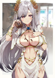  absurdres azur_lane breasts center_opening china_dress chinese_clothes chocolate chocolate_on_body chocolate_on_breasts cleavage clothing_cutout commentary_request cosplay cowboy_shot doughnut dress dunkerque_(azur_lane) female flying_sweatdrops food food_on_body grey_hair highres holding_doughnut large_breasts laurel_crown long_hair looking_at_viewer official_alternate_costume ral_(ralf) stomach_cutout sweat thighhighs victorious_(azur_lane) victorious_(azur_lane)_(cosplay) victorious_(guidance_of_the_spring_goddess)_(azur_lane) 