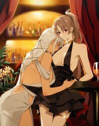  2girls alcohol amazuki_jou azur_lane backless_dress backless_outfit bar_(place) bare_shoulders beer black_gloves black_skirt blurry blurry_background bottle breasts brown_hair choker cleavage closed_eyes closed_mouth cocktail_dress commentary cowboy_shot cup curtains dark-skinned_female dark_skin dress drinking_glass earrings evening_gown flower gloves hair_between_eyes head_on_chest highres indoors jean_bart_(azur_lane) jean_bart_(uninhibited_bloodstone)_(azur_lane) jewelry large_breasts light_particles long_hair massachusetts_(azur_lane) massachusetts_(dressed_to_impress)_(azur_lane) medium_breasts multiple_girls official_alternate_costume ponytail red_eyes skirt thighlet very_long_hair white_dress white_flower white_hair wine yuri 