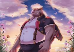  2022 anthro bottomwear brown_body clothing cloud detailed_background flower hermann_(knights_college) humanoid_hands kemono knights_college kuremura62213 male mammal musclegut muscular outside overweight overweight_male pants plant shirt solo suid suina sus_(pig) suspenders topwear wild_boar 