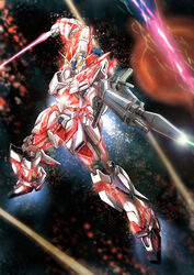  absurdres aiming beam_rifle beam_saber energy_gun floating glowing gun gundam gundam_narrative highres holding holding_gun holding_weapon mecha mobile_suit narrative_gundam narrative_gundam_c-packs no_humans nt-d psycho_frame robot science_fiction shiny solo space sunflower_(tomodog422) v-fin weapon 