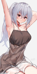  arm_behind_head armpits arms_up bare_arms blush breasts brown_dress choker closed_mouth commentary_request commission cowboy_shot dress female hair_between_eyes hakase_fuyuki highres large_breasts long_hair looking_at_viewer miyasaka_miyabi nijisanji pixiv_commission ponytail red_eyes red_ribbon ribbon ribbon_choker see-through simple_background sitting smile solo stretching twitter_username virtual_youtuber white_background 