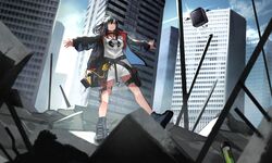  absurdres arknights belt black_choker black_hair black_jacket black_socks building choker city closure_(arknights) collarbone cube female highres jacket lambda_(arknights) long_hair long_shirt long_sleeves open_clothes open_jacket outdoors pointy_ears pouch red_eyes rubble shirt shoes socks solo thigh_pouch utility_belt white_shirt yoshio_(55level) 