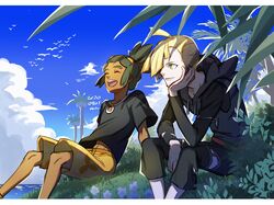  2boys :d absurdres ahoge alolan_exeggutor black_shirt blonde_hair closed_eyes cloud commentary_request dark-skinned_male dark_skin dated day floral_print gladion_(pokemon) grass green_hair happy hau_(pokemon) head_rest highres hood hoodie knees letterboxed male_focus mugiccha2 multiple_boys open_mouth outdoors pants pokemon pokemon_(creature) pokemon_sm shirt short_hair short_ponytail shorts signature sitting sky smile teeth tongue upper_teeth_only 