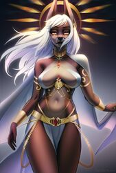  2023 anthro big_breasts bottomwear breasts canid canine canis chains cleavage clothed clothing digital_media_(artwork) ear_piercing ear_ring egyptian female gem hair hi_res jackal jewelry mammal navel open_mouth piercing pistachiohorror ring_piercing simple_background solo topwear white_hair yellow_eyes 