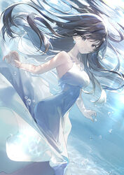  air_bubble bad_id bad_pixiv_id bare_arms bare_shoulders black_hair breasts bubble commentary_request dress earrings female grey_eyes jewelry kagachi_saku looking_at_viewer medium_breasts original sleeveless sleeveless_dress smile solo swept_bangs underwater water white_dress 