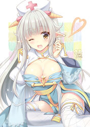  arch_bishop_(ragnarok_online) blue_dress blush breasts brown_eyes cleavage cleavage_cutout clothing_cutout commentary_request cross dated dress feet_out_of_frame female fishnet_thighhighs fishnets frilled_sleeves frills grey_hair hat heart horns juliet_sleeves kawai_maria large_breasts long_hair long_sleeves looking_at_viewer nurse_cap one_eye_closed open_mouth pointy_ears puffy_sleeves ragnarok_online sheep_horns signature sitting solo thighhighs two-tone_dress white_dress white_thighhighs yokozuwari 