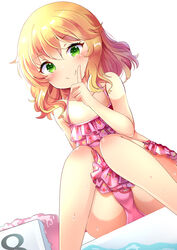  aru_(arudes) bare_shoulders bikini blonde_hair blush closed_mouth collarbone dot_nose female flat_chest floral_print frilled_bikini frills from_below green_eyes hand_up highres idolmaster idolmaster_cinderella_girls idolmaster_cinderella_girls_starlight_stage index_finger_raised looking_at_viewer pink_bikini pink_towel pool print_bikini sakurai_momoka short_hair simple_background sitting smile solo swimsuit water wet white_background 