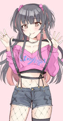  bare_shoulders black_hair blunt_bangs blush bow breasts brown_eyes candy chocho_(homelessfox) cleavage clothes_pull collarbone colored_inner_hair cowboy_shot crop_top cropped_shirt cross cross_earrings denim dot_nose earrings eating female fishnets food hands_up idolmaster idolmaster_shiny_colors jewelry lollipop long_hair long_sleeves looking_at_viewer mayuzumi_fuyuko medium_breasts midriff mouth_hold multicolored_hair navel necklace off-shoulder_shirt off_shoulder pink_background pink_hair pink_shirt print_shirt ring shirt simple_background smile solo standing suspenders two_side_up 