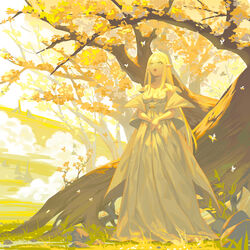  :d autumn autumn_leaves bare_shoulders blonde_hair breasts buttons choker commentary day dress dust_cloud elf female grass green_eyes itoucon long_dress long_hair looking_away looking_up medium_breasts nature open_mouth original outdoors own_hands_together photoshop_(medium) pointy_ears scenery shawl smile solo standing strapless strapless_dress tiara tree under_tree very_long_hair white_dress yellow_theme 