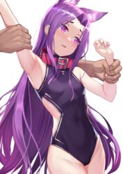  animal_ears armpits black_one-piece_swimsuit breasts cat_ears collar competition_swimsuit covered_navel disembodied_hand fate/grand_order fate_(series) female forehead highleg highleg_swimsuit highres long_hair looking_to_the_side male_hand medusa_(fate) medusa_(lancer)_(fate) one-piece_swimsuit open_mouth parted_bangs purple_collar purple_eyes purple_hair rui_rubellent sidelocks small_breasts solo_focus straight swimsuit thighs very_long_hair white_background 