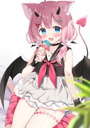  :d ahoge animal_ear_fluff animal_ears bare_shoulders bed_sheet black_gloves black_sailor_collar black_shirt black_wings blue_eyes blurry blurry_foreground blush collarbone commentary_request commission demon_girl demon_horns demon_tail demon_wings depth_of_field double_scoop female fingerless_gloves food gloves high-waist_skirt holding holding_food horns ice_cream ice_cream_cone indie_virtual_youtuber kujou_danbo leg_warmers looking_at_viewer low_twintails md5_mismatch nail_polish neckerchief pink_hair pink_legwear pink_nails pixiv_commission red_neckerchief resolution_mismatch sailor_collar sakurada_hane shirt short_twintails sitting skirt sleeveless sleeveless_shirt smile socks solo source_larger striped_clothes striped_socks tail twintails vertical-striped_clothes vertical-striped_socks virtual_youtuber wariza white_background white_skirt wings 