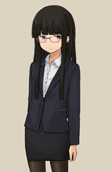  alternate_costume bespectacled blunt_bangs brown_eyes brown_hair chagamaka dress_shirt expressionless female flat_chest formal glasses hatsuyuki_(kancolle) highres kantai_collection long_hair looking_to_the_side office_lady pantyhose shirt sidelocks skirt skirt_suit solo suit very_long_hair 