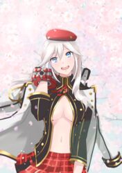  :d aiguillette alisa_ilinichina_amiella beret black_jacket blue_eyes blush breasts cherry_blossoms coat coat_on_shoulders collared_jacket commentary_request cowboy_shot female gloves god_eater god_eater_3 hair_between_eyes hand_in_own_hair hand_up hat jacket large_breasts long_hair long_sleeves looking_at_viewer navel neck_ribbon open_mouth partially_unbuttoned plaid plaid_skirt red_hat red_ribbon red_skirt ribbon sidelocks skirt smile solo stomach teeth torayama_(mps2nd) tree twitter_username underboob upper_teeth_only white_coat white_gloves white_hair 