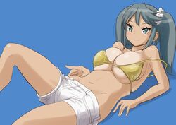  bikini blue_background breasts cleavage collarbone commentary_request cowboy_shot female green_eyes grey_hair isuzu_(kancolle) kantai_collection large_breasts long_hair looking_at_viewer lying shorts simple_background smile solo swimsuit tamu_(mad_works) twintails white_shorts yellow_bikini 