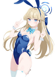  absurdres animal_ears aqua_bow aqua_bowtie blonde_hair blue_archive blue_bow blue_bowtie blue_eyes blue_halo blue_leotard blue_ribbon bow bowtie braid breasts cleavage commentary_request cowboy_shot crown_braid curio_(curiofinity) detached_collar double_v fake_animal_ears female hair_ribbon halo highleg highleg_leotard highres leotard long_hair medium_breasts multicolored_hair official_alternate_costume partial_commentary playboy_bunny rabbit_ears rabbit_tail ribbon simple_background solo strapless strapless_leotard streaked_hair tail thighhighs toki_(blue_archive) toki_(bunny)_(blue_archive) v white_background white_thighhighs 