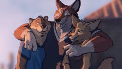  16:9 2023 anthro arm_tuft black_clothing black_nose black_shirt black_topwear blue_clothing blue_shirt blue_topwear blurred_background canid canine canis chase_hunter cheek_tuft claws clothing digital_media_(artwork) digital_painting_(artwork) echo_(game) echo_(series) echo_project elbow_tuft eye_contact eyebrows facial_hair facial_tuft female fennec_fox fox fur goatee group group_hug happy hi_res hug hugging_another jenna_begay jewelry leo_alvarez light looking_at_another male mammal multicolored_arms multicolored_body multicolored_ears multicolored_fur mustelid necklace open_mouth open_smile otter outside paintfox red_body red_fur red_wolf shirt smile sunlight sunset tail tan_body tan_fur tan_tail tank_top topwear trio true_fox tuft v-neck whiskers white_body white_eyebrows white_fur widescreen wolf wristband 