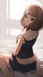  ass backlighting bare_legs barefoot bed_sheet black_shorts blunt_bangs blush brown_hair butt_crack camisole closed_mouth commentary downpants female from_behind highres hiroki_(yyqw7151) iino_miko kaguya-sama_wa_kokurasetai_~tensai-tachi_no_renai_zunousen~ long_hair looking_at_viewer looking_back low_twintails panties panty_peek red_eyes short_shorts shorts sitting solo strap_slip twintails underwear wariza white_panties 