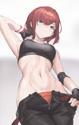  alternate_costume armpits bare_shoulders black_gloves black_pants black_sports_bra blush breasts brown_hair closed_mouth collarbone commentary cowboy_shot female fingerless_gloves gloves hair_between_eyes hair_ornament hairclip highres higuchi_madoka holding idolmaster idolmaster_shiny_colors looking_at_viewer medium_breasts medium_hair midriff mole mole_under_eye navel open_fly pants parfaitlate purple_eyes solo sports_bra stomach sweat toned 