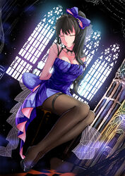  black_footwear black_hair black_pantyhose blue_bow bound bow breasts cleavage closed_eyes female girls&#039;_frontline hairbow high_heels highres k2_(before_dawn)_(girls&#039;_frontline) k2_(girls&#039;_frontline) large_breasts long_hair official_alternate_costume pantyhose photoshop_(medium) restrained shailiar solo spaghetti_strap 