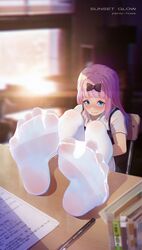  3: absurdres black_bow blue_eyes blunt_bangs blurry blurry_background blurry_foreground blush book bow chair closed_mouth commentary_request depth_of_field english_text feet feet_on_table female fine_fabric_emphasis foreshortening fujiwara_chika hairbow highres icecake indoors kaguya-sama_wa_kokurasetai_~tensai-tachi_no_renai_zunousen~ long_hair looking_at_viewer no_shoes pantyhose paper pen photoshop_(medium) pink_hair school_chair school_uniform short_sleeves shuuchiin_academy_school_uniform sitting soles solo spread_toes toe_seam toes white_pantyhose 