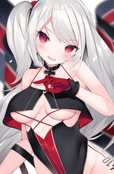  :d azur_lane bare_shoulders black_collar black_one-piece_swimsuit blurry blurry_background blush breasts cisyo collar collarbone commentary_request cowboy_shot cross female flag gloves groin hair_between_eyes head_tilt heart highres iron_cross leg_tattoo looking_at_viewer medium_breasts mole mole_under_eye number_tattoo one-piece_swimsuit one_side_up open_mouth red_eyes red_gloves sidelocks smile solo standing swimsuit tattoo u-410_(azur_lane) underboob unzipping white_hair zipper zipper_pull_tab 