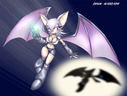  2004 anthro bat bat_wings big_breasts boots bottomwear breasts chaos_emerald cleavage clothed clothing emerald_(gem) female flying footwear gem gloves handwear mammal membrane_(anatomy) membranous_wings midriff red_eyes rouge_the_bat sega shorts solo sonic_the_hedgehog_(series) thefuckingdevil wings 