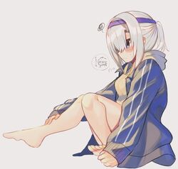  ars_almal bad_id bad_pixiv_id barefoot blue_hairband blush_stickers closed_mouth commentary female full_body grey_background grey_jacket hair_over_one_eye hairband hood hood_down hooded_jacket jacket long_sleeves moti_yousei nijisanji ponytail purple_eyes simple_background sleeves_past_wrists soles solo squiggle sweat thought_bubble virtual_youtuber white_hair 