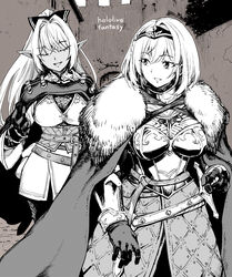  2girls alternate_costume armor belt breastplate cloak copyright_name elf fantasy fur-trimmed_cloak fur_trim gauntlets greyscale highres hololive kurose_kousuke long_hair medium_hair monochrome multiple_girls pointy_ears ponytail shiranui_flare shirogane_noel sword virtual_youtuber weapon 