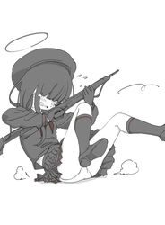  ass beret black_hair blue_archive blunt_bangs covered_eyes extra faceless faceless_female female gun hair_over_eyes halo hat justice_task_force_member_(blue_archive) long_bangs long_hair nishino_hikoji panties pantyshot pleated_skirt rifle school_uniform simple_background skirt spread_legs underwear upskirt weapon white_background 