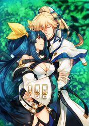  1boy arm_hug asymmetrical_wings belt black_panties breasts choker closed_eyes couple curre detached_sleeves dizzy_(guilty_gear) female forest grass guilty_gear guilty_gear_xrd hair_ribbon hair_rings hug husband_and_wife ky_kiske large_breasts leaf nature panties ponytail red_eyes ribbon straight thigh_strap twintails underwear wings yellow_ribbon 