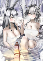  2girls :d absurdres animal_ears arknights bare_arms bare_legs bare_shoulders bathing black_hair blue_eyes breasts brown_eyes collarbone day dragon_horns eye_contact feet_out_of_frame frostnova_(arknights) grey_hair hair_intakes hair_over_one_eye hand_on_own_face highres horns knees_up lantern large_breasts long_hair looking_at_another marumai multicolored_hair multiple_girls onsen open_mouth outdoors parted_lips partially_submerged rabbit_ears same-sex_bathing shared_bathing smile snow snowing steam talulah_(arknights) two-tone_hair water winter 