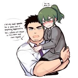  1boy artist_name black_hair black_legwear blush breasts brooklyn_nine-nine carrying child_carry couple english_commentary english_text facial_hair female formal green_eyes green_hair grey_skirt height_conscious height_difference highres i&#039;ve_only_had_arlo_for_a_day_and_a_half_(meme) igarashi_futaba_(shiromanta) looking_down medium_hair meme necktie nose_blush office_lady panqlao pantyhose purple_necktie salaryman scared senpai_ga_uzai_kouhai_no_hanashi shirt shirt_grab signature size_difference skirt skirt_suit small_breasts speech_bubble straight stubble suit takeda_harumi_(shiromanta) thick_eyebrows white_shirt 