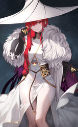  blush breasts claws dress earrings fate/grand_order fate_(series) feather_boa female hat highres jewelry long_hair long_sleeves looking_at_viewer medium_breasts miss_crane_(fate) miss_crane_(second_ascension)_(fate) puffy_sleeves red_eyes red_hair shinsaku_(stan-art) smile solo thighs white_dress white_hat witch_hat 