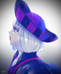  bad_id bad_pixiv_id blunt_bangs bob_cut breasts disneyland eyelashes eyeliner female from_side hat highres kisaragi_yuu_(fallen_sky) lipstick looking_away makeup mascara parted_lips portrait profile purple_eyes rain recruiters_(disney) short_hair small_breasts solo veil_(disney) white_hair 