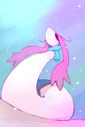  2016 absurd_res ambiguous_gender feral generation_3_pokemon hi_res milotic nintendo pokemon pokemon_(species) red_eyes reptile scalie scarf simple_background smile snow solo winte 