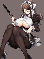  absurdres black-framed_eyewear black_dress black_pantyhose blush breasts brown_hair constantia_s2 dress female frills full_body garter_straps glasses gun hair_ribbon high_heels highres holster juliet_sleeves knees_together_feet_apart knees_up large_breasts last_origin long_hair long_sleeves looking_at_viewer maid maid_headdress pantyhose parted_lips ponytail puffy_sleeves ribbon rifle sidelocks skirt smile solo thigh_holster thigh_strap underboob weapon whoosaku 