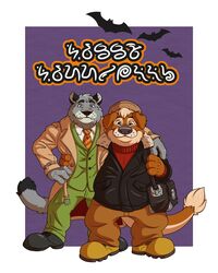  2022 anthro blacksad bottomwear brok_the_investigator brown_body brown_fur clothing cosplay cowcat_games crossover crossover_cosplay domestic_cat duo felid feline felis fur graff_filsh grey_body grey_fur halloween hat headgear headwear hi_res holidays hug john_blacksad male male/male mammal mustelid necktie ott_(brok_the_investigator) otter pants shirt slightly_chubby text topwear translated vincenthardges weekly 