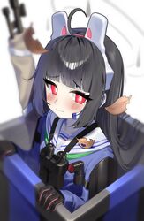  absurdres ahoge autumn_leaves binoculars black_gloves black_hair blue_archive blue_shirt blunt_bangs blurry blurry_background blush bolt_action closed_mouth commentary_request depth_of_field female gloves gun halo headgear highres long_hair long_sleeves miyu_(blue_archive) mosin-nagant red_eyes rifle sailor_collar sbgu shirt sidelocks simple_background sleeves_past_wrists solo weapon white_background white_sailor_collar 