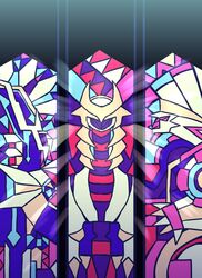  commentary_request dialga fuji_den_fujiko giratina giratina_(altered) glass glowing highres light_rays no_humans orthodoxia_(vocaloid) palkia pokemon pokemon_legends:_arceus stained_glass still_life 