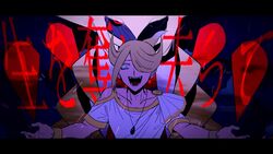  1boy 1other androgynous bags_under_eyes blonde_hair collarbone constricted_pupils crazy_eyes crazy_smile evil_smile fangs fuji_den_fujiko giratina gold_trim hair_over_one_eye jewelry laughing letterboxed necklace open_clothes orthodoxia_(vocaloid) pokemon pokemon_legends:_arceus shaded_face smile solo_focus spoilers swept_bangs teeth volo_(pokemon) white_tunic 