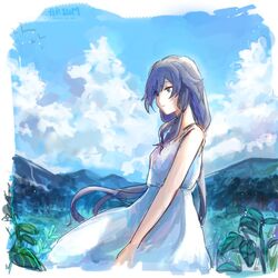  arsum0731 black_hair blue_eyes blue_sky closed_mouth cloud cloudy_sky dress female fu_hua honkai_(series) honkai_impact_3rd long_hair mountainous_horizon outdoors ponytail sky sleeveless sleeveless_dress solo sundress white_dress 