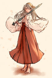  absurdres alternate_costume barefoot black_hair commentary_request female full_body hair_ornament hairband hairclip hakama hakama_skirt haruna_(kancolle) headgear highres japanese_clothes kantai_collection long_hair miko red_hakama skirt solo standing sword weapon wss_(nicoseiga19993411) 