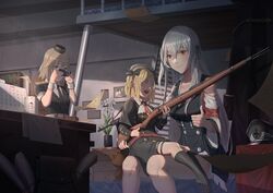  3girls absurdres aged_down bed blonde_hair bolt_action brown_hair bunk_bed camera chinese_commentary commentary girls&#039;_frontline gun hat highres kar98k_(girls&#039;_frontline) long_hair mauser_98 military military_hat military_uniform mp40_(girls&#039;_frontline) mp41_(girls&#039;_frontline) multiple_girls peaked_cap rifle sitting sitting_on_lap sitting_on_person taking_picture thumbs_up uniform unworn_hat unworn_headwear weapon white_hair yuanhe_mx 